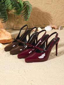 Tacones altos de punta fina de 10,5 cm para mujer, elegantes tacones de aguja con correa trasera, fáciles de poner, material de PU con efecto espejo, con acento de lazo, color marrón, cómodos y versátiles para uso diario, fiestas, vacaciones y citas - Marrón - Ver 6