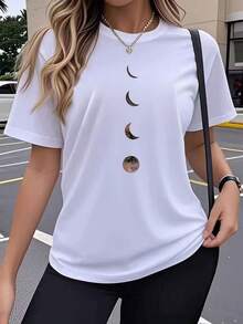 una pieza Camiseta de manga corta para mujer con diseño de luna creciente y textura abstracta suave manga corta cuello redondo tejido ligero y transpirable ideal para verano días soleados combinaci - Blanco - Ver 2