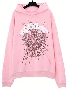 Autumn/Winter Clothing: Street-Style Hip-Hop Style Foam Spider Web Hooded Sweatshirt, Fashionable Sporty Hoodie. - Hồng - Xem 8