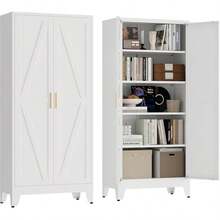 Metal High Cabinets, White Metal Cabinets, Kitchen Cabinets, Filing Cabinets, Equipped With 2 Doors And 4 Adjustable Shelves (White) - White - View 1