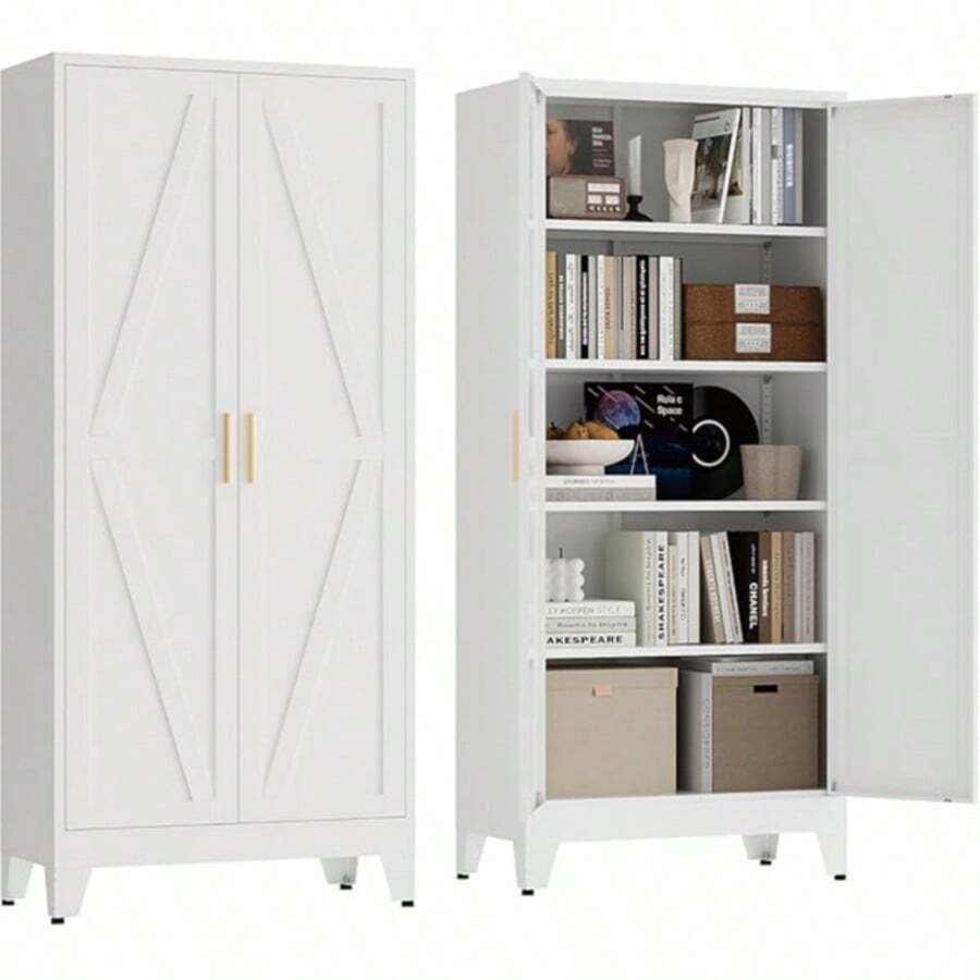 Metal High Cabinets, White Metal Cabinets, Kitchen Cabinets, Filing Cabinets, Equipped With 2 Doors And 4 Adjustable Shelves (White) - White - View 1