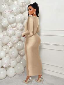 AIJ Vestido asimétrico de cuello brillante de punto de elegancia para mujer Amarilo, vestido ajustado ajustado con pliegues en la cadera, línea H con dobladillo dividido, perfecto para fiesta, boda, cita y oficina en primavera - Caqui - Ver 2