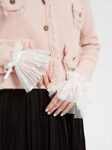 1 双女士碎花薄纱多层褶皱白色宽缎面蝴蝶结装饰袖口，柔美花卉风格，适合日常、上学、休闲穿着 - 彩色 - 查看 2