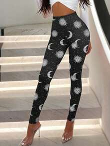 LOVE JOYY Women's High-Waisted Skinny Leggings With Sun, Moon And Star Print, Casual Pants, Suitable For Spring/Summer Everyday Wear, Yoga, And Holiday Party Occasions - Black - View 6