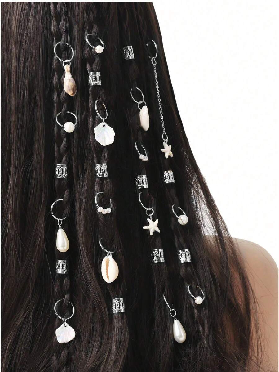 26pcs Women's Braided Hair Rings, Beach & Summer Vacation Braid Hair Clips, Starfish, Shell, Pearl, Fashion & Unique Hair Accessories For Photo Shooting