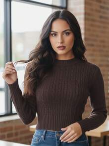 Women's Cropped Textured Knit Long Sleeve Ribbed Knit Top - Autumn/Winter Fashion - 鏽棕色 - 查看 1
