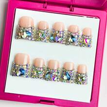 NailCandy 10 PCS Handmade Duckbill Press-On Nails | Blush-Iridescent Gem Nails With Heart & Crystal Designs, Elegant & Shiny Nail Art For Stylish Looks - 銀色 - 查看 9