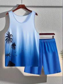 男士休闲度假沙滩椰树印花T恤背心短裤家居套装 - 彩色 - 查看 4