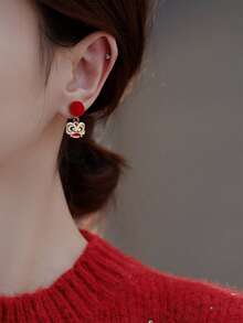 2入組舞獅&財富設計復古紅色耳環,適用於生肖本命年 - 紅色 - 查看 5