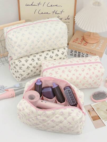 1 szt. Pikowana torba do przechowywania suszarki do włosów z nadrukiem kokardki, duża pojemność z wewnętrznymi kieszeniami na suszarkę do włosów, lokówkę, spinki do włosów, organizer podróżny