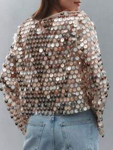 Women  Sequin Long Sleeve Tops Sheer Mesh Bell Sleeve Shirt Blouse Glitter Sparkly Mesh Crop Top Streewear - 卡其色 - 查看 2