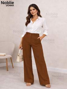 Women's Tailored Dress Pants, Wide Leg, With Zipper, Pockets, And Button, For Office Use. - Chocolate Brown - View 3