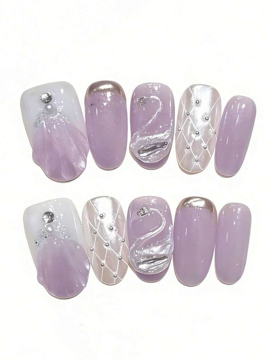 10pcs Pure Handmade Press On Nails Medium Nails Oval Nails The Main Tones Are Low-Saturation Light Purple And Silver, Featuring Three-Dimensional Silver Swan Patterns, Grid Textures And Small Beads, Which Enhance The Refinement. It Also Features A Gold-Rimmed French Style Design, With A Full Sense Of Detail.Gentle Elegant Cute Nails For Ladies And Girls Spring Summer Fall Winter Festivals Parties And Daily Life Use - Mauve Purple - View 1