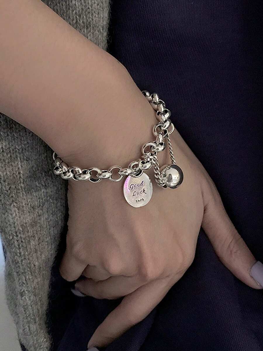 1 pieza Collar con colgante de disco redondo grabado con "Buena Suerte" y cadena pulsera para mujeres - Plateado - Ver 1