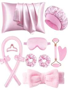 一套美发造型工具，包括卷发棒、面部按摩器、1个真丝枕套（皇后尺寸，呵护秀发和肌肤）、免加热真丝卷发棒、夜间卷发棒、1个柔软睡眠眼罩、女士面部按摩滚轮、免加热真丝卷发棒、女士面部按摩滚轮、护发产品及配件、沙龙级美发产品及配件、返校必备、旅行必备 - 彩色 - 查看 12