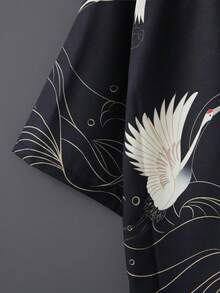 日式复古和服开衫，七分袖宽松仙鹤印花轻薄外套，休闲夏季度假防晒上衣，日式传统风格上衣 - 黑色 - 查看 6