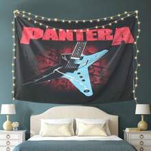Vibrant Rock Band Tapestry - Pantera Electric Guitar Design With Bold "PANERA" Text, Perfect For College Dorms, Living Rooms, And Indoor/Outdoor Home Decor, Ideal Holiday Gift, Music Room Deco - 1PC - Xem 1