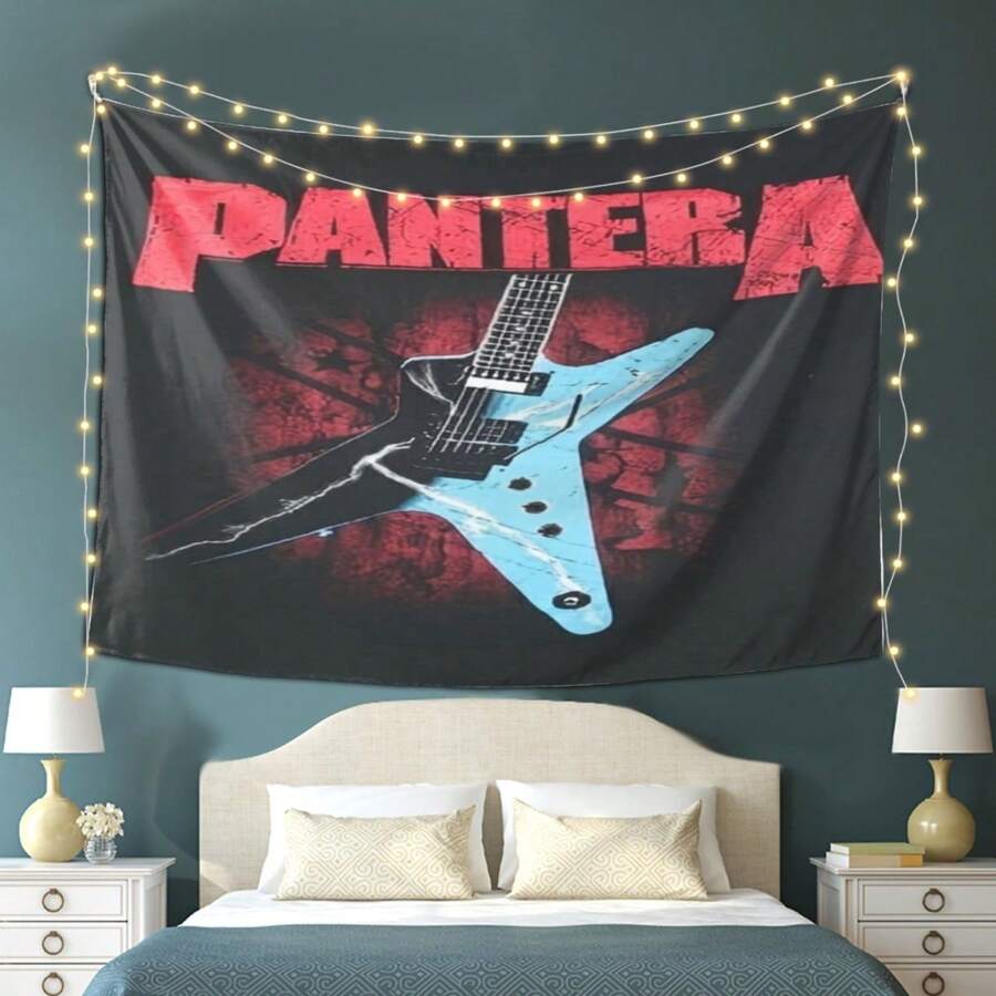 Vibrant Rock Band Tapestry - Pantera Electric Guitar Design With Bold "PANERA" Text, Perfect For College Dorms, Living Rooms, And Indoor/Outdoor Home Decor, Ideal Holiday Gift, Music Room Deco - 1PC - Xem 1