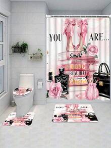 1套/4套防水浴室窗帘套装,含12个挂钩、浴室窗帘、马桶座套、防滑浴室垫、涤纶面料可水洗窗帘及其他浴室配件 - 彩色 - 查看 14