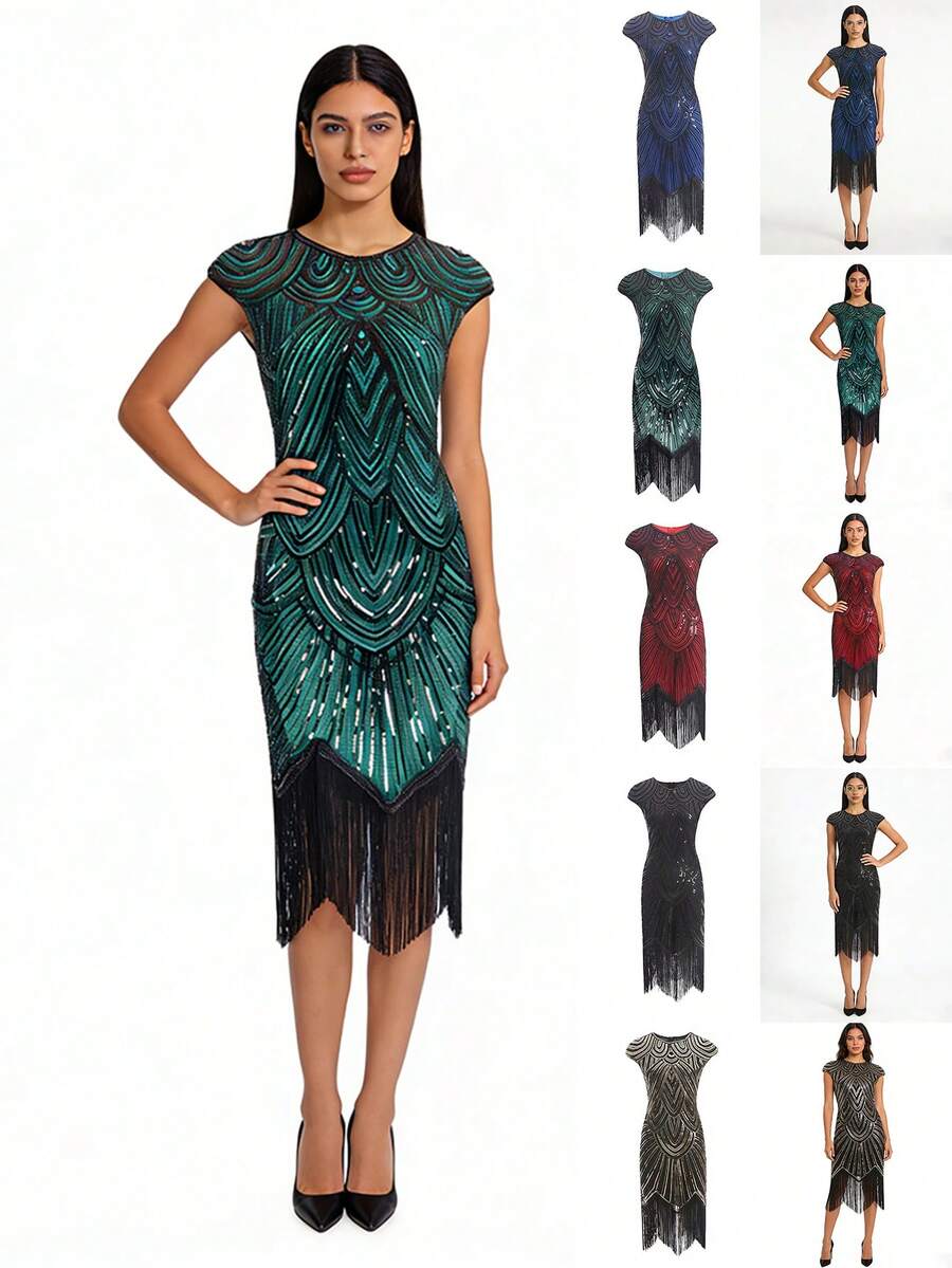 Gaun Midi Pesta Malam Formal Bermotif Geometris Berpayet Gaya Vintage Gatsby - MultiWarna - View 1