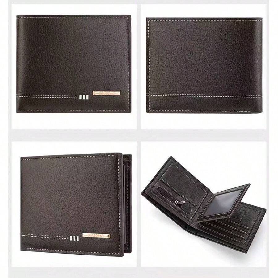 1pc Men's Short Wallet, High-End PU Leather, Litchi Grain Zipper Card Holder Coin Purse, Men's Business Wallet, Valentine's Day Gift, Father's Day Gift - Coffee Brown - View 1