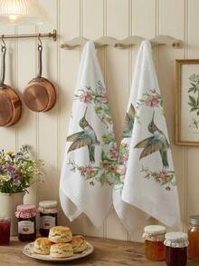 2pcs Floral & Hummingbird Patterned Kitchen Towels, Vibrant Watercolor Design, Dish Cloths For Washing And Drying Dishes, Kitchen Decor - Red Violet - View 7