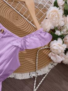 Tween Girls White Ruffled Hem Elegant Dress, Spring/Summer - Purple - View 4