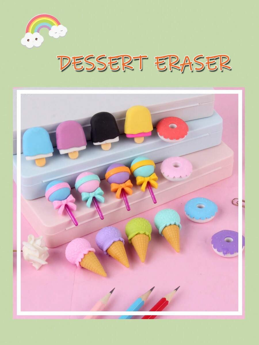 4pcs/Box Cute Creative Dessert Erasers, Detachable Fun Erasers For School Students, Includes Ice Cream, Donut, Lollipop, And Ice Cream Designs - Multicolor - View 1