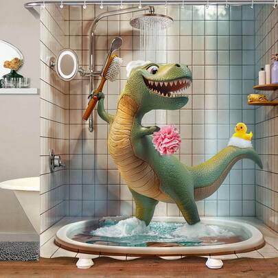 1pc Funny Dinosaur Pattern Shower Curtain, Cartoon Dinosaur Printed Shower Curtain, Suitable For Bathroom Decor, General Room Decor, Home Decor Set, Bathroom Accessories Bathtub Curtain