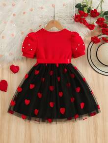 4-7 Years Girls' Heart Embroidery Mesh Dress, Puff Sleeve Pearl Decor Hollow Front Heart Embroidery Mesh Dress With Belt, Suitable For Parent-Child Activities, Parties, Birthdays, Valentine's Day, Daily Wear - Red - View 7