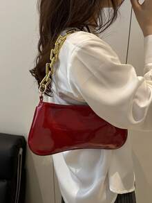 1个金属金色链条装饰腋下法棍包 - 酒紅色 - 查看 2