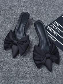 2026 Summer New Pointed Toe Bowknot Suede High Heel Slip-On Sandals, Black - Black - View 2