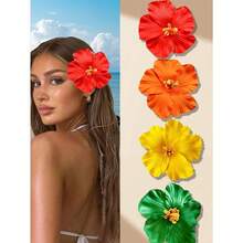 4pcs Hawaii Flower Hair Clips, Suitable For Women, 4 Pieces Artificial Flower Hair Clips, Hibiscus And Lotus Flower Hair Clips, Suitable For Beach Party, Tropical Flower Hair Accessories For Summer, Great Gift For Girls ,Flat Claw Clip, Hair Slide, Hair Claws, School Stuff - 多色-3 - 查看 4