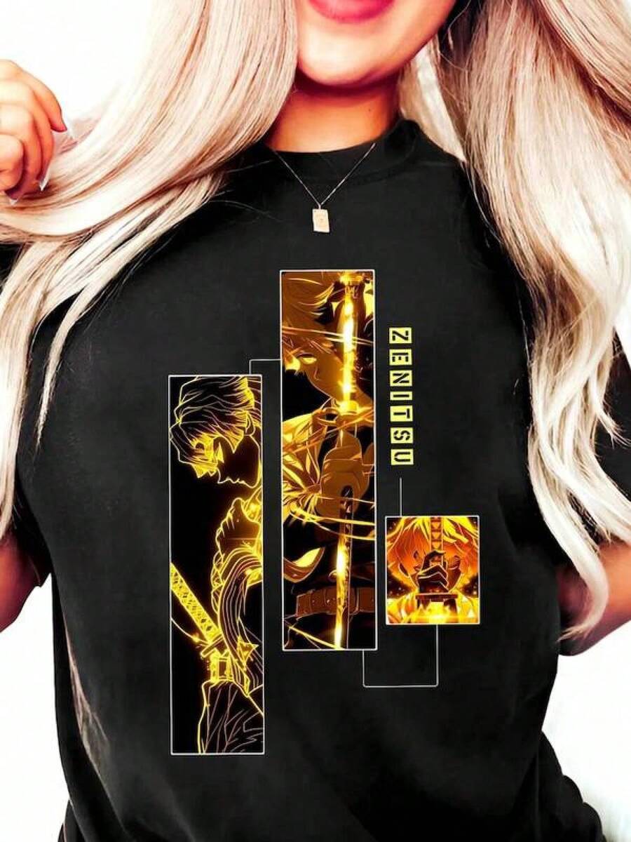 Herrjultröjor 180g ren bomulls-T-shirt Zenitsu T-shirt – Anime-T-shirt – Kimetsu No Yaiba Zenitsu Agatsuma-skjorta, Vår- och sommarkläder för Thanksgiving, Unikt tryckt casual-T-shirt, Maskintvättbar ren bomulls-T-shirt, Moderiktigt tryckt casual-T-shirt, Säsongskläder som andas, Festliga/Unisex presenter till vännen, Grafiska T-shirts, Tillbaka till skolan - Svart - Visa 1