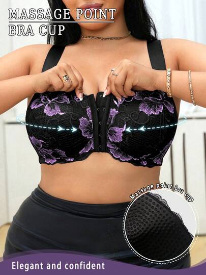 Plus Size Front Closure Embroidered Lace Patchwork Women's Bra, Comfortable Front Closure Sexy Women's Bra, Comfortable For Daily Use, Solid Color No Side Bulge, Women's Bra