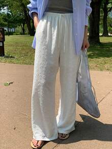 Y2K Style Women's White Straight Jacquard Casual Pants, Suitable For Daily Casual And Work Commute, Wear In Spring - White - View 3