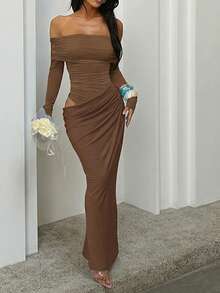 Onicee 夏季连衣裙，棕色，时尚网纱透视腰部镂空露肩派对礼服，优雅适合情人节、约会、聚会、派对、旅行、度假、海滩等场合。 - 棕色 - 查看 5