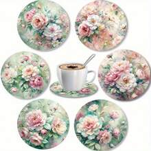 6pcs/Set Round Wooden Coasters - Spring/Summer Floral, Tulip, Peony Flower Vase Bouquet Design, 2D Printed - Heat Resistant Drink Coasters, Ideal For Home And Office Decor | Perfect For Coffee Tables, Desks, Kitchens, Tabletops | Great For Easter, Valentine's Day, Wedding Season, St. Patrick's Day, 4th Of July, Holiday Dining | Decorative Tableware - Multicolor - View 14