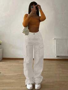 白色弹力腰带口袋时尚复古Y2K休闲可爱阔腿工作裤。舒适百搭，适合机场穿搭、返校、毕业典礼、外出、运动、教师节、俱乐部、生日派对、万圣节、新年、感恩节、音乐会、健身房、度假、商务、街头服饰，春、夏、秋、冬皆宜。 - 白色 - 查看 9