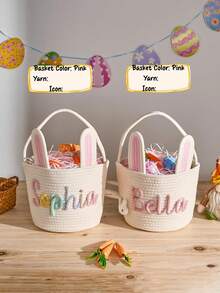 1pc Personalized Handmade Easter Bunny Basket, A Children's Egg-Hunting Basket With A Customizable Name, A Crocheted Easter Basket With Bunny Ears And Decorations, A Custom Pet Toy Storage Basket, And A Custom Easter Gift. ,Travel Organizer - Multicolor - View 7