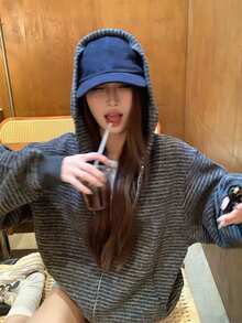 休闲撞色条纹宽松长袖外套，修身百搭 - 黑色 - 查看 8