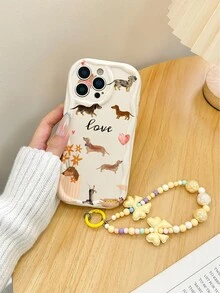 卡通小狗奶油色波浪边手机壳，带手链吊坠，时尚简约加厚防震保护套，兼容 17/17 Pro、15 Pro Max、16/16 Pro/16 Pro Max、16 Plus、15 XR、7/8、15 Pro Max、12 Pro Max、13 Pro Max、14 Pro Max、13、14、11、12、14 等机型。