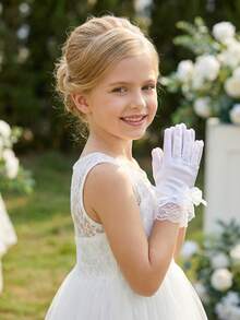 1 Paio di guanti elastici in raso liscio con fiocco per bambini da 3 a 10 anni - Guanti da damigella in raso adatti per bambine che partecipano a celebrazioni, spettacoli di balletto, feste di compleanno da principessa e matrimoni, super morbidi - 1Pair - Visualizzare 8