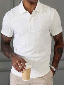 Men's Jacquard Knit Polo Shirt, Fashionable For Daily Commute, Summer - White - View 1
