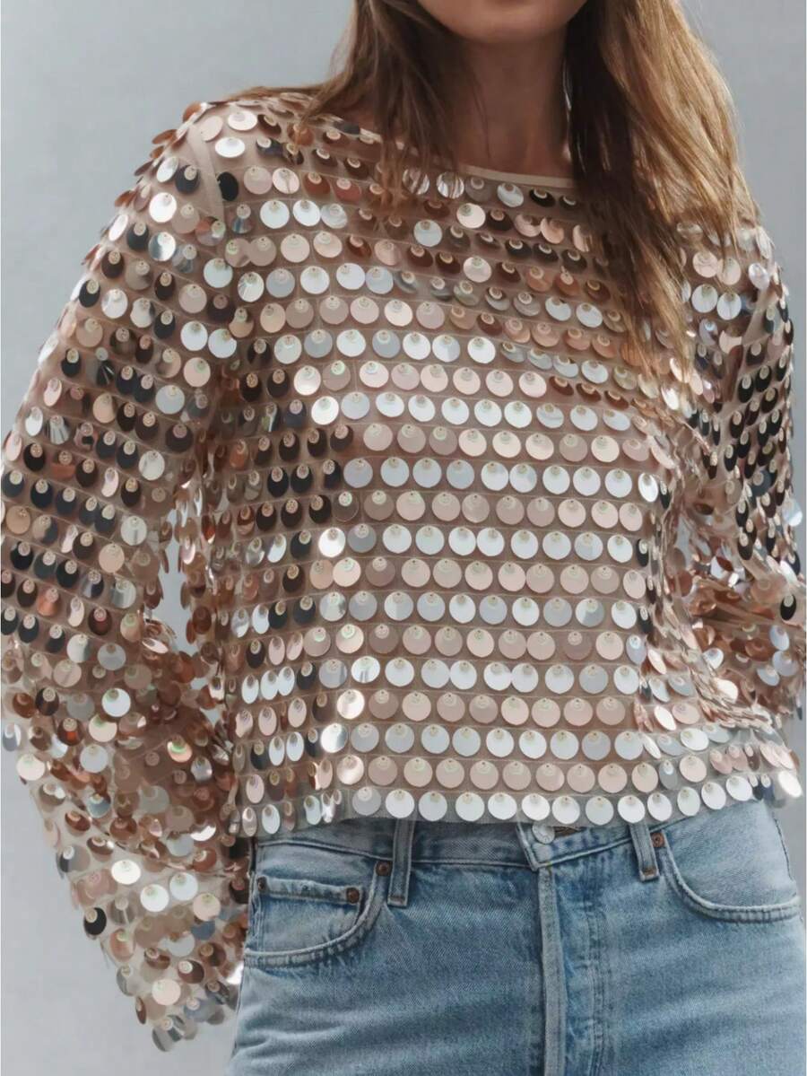 Women  Sequin Long Sleeve Tops Sheer Mesh Bell Sleeve Shirt Blouse Glitter Sparkly Mesh Crop Top Streewear - 卡其色 - 查看 1