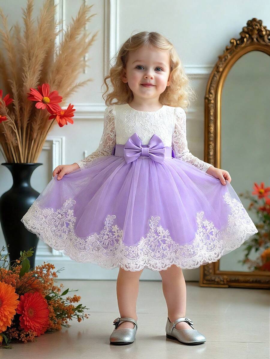 Baby Girls Lace Mesh Backless Bow Elegant Cute Flower Girl Dress For Wedding Party Birthday, Excluding Headband - Mauve Purple - View 1