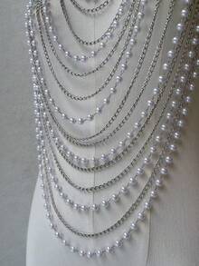 闪亮珍珠多层身体链，适合Y2K派对和夜店风格，闪亮露背胸链饰品 - 銀色 - 查看 4