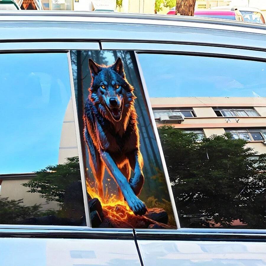 2张狼图案汽车B柱贴纸 - 耐用防水自粘可重复使用车身贴花