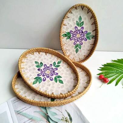 10.63 X 7.09 X 1.18 Inches Handmade Woven Rattan Shell Decorative Tray, Home Storage & Organization