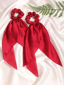 2pcs Solid Satin Triangular Scarf & Floral Print Hair Scrunchie, Casual Bohemian Retro Palace Style Party Cute Street Fashion, Polyester, All Season - Burgundy - View 2